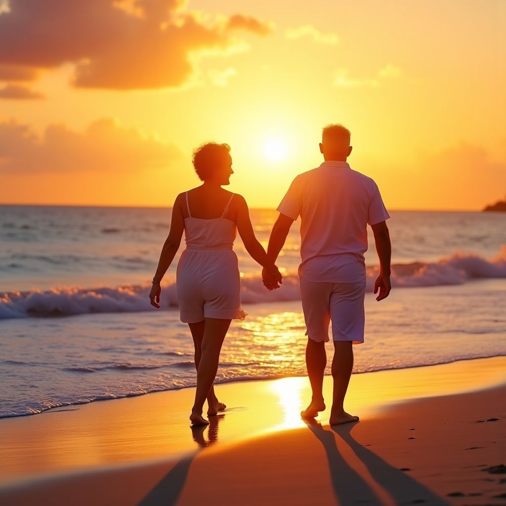 Una pareja mayor sonriendo en una playa.