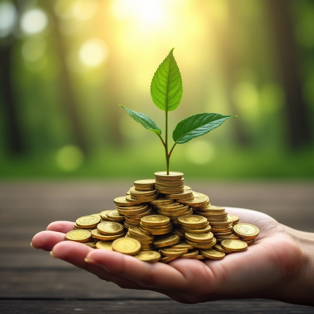 Una mano sosteniendo un brote de planta que crece de monedas.